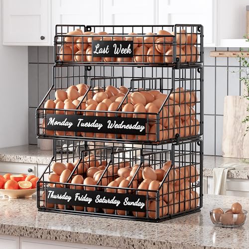Egg Basket for Countertop, Egg Holder Countertop with 5 Dividers & Labels, 3 Tier Stackable Wire Storage Baskets to Keep Eggs Organized, XXL Egg Organizer Decorative Rack for Kitchen & Home, Black - color: XL-Black(15.7W x 19.7H)