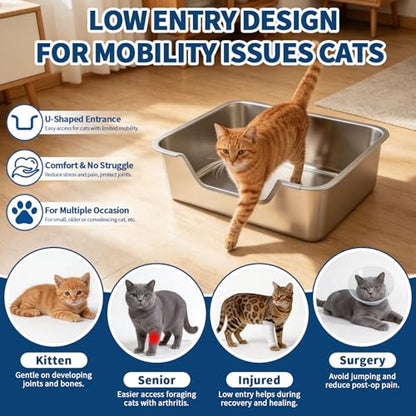 FHTONGE Low Entry Stainless Steel Cat Litter Box, Splash-Proof Hight Wall Metal Kitty Litter Box Kitten Toilet for Senior Arthritis Surgery Injured Disabled Munchkin Smaller Ppregnant Cat, 17.7x13.8 - size: 17.7x13.8"(45x35cm) for Small Cat
