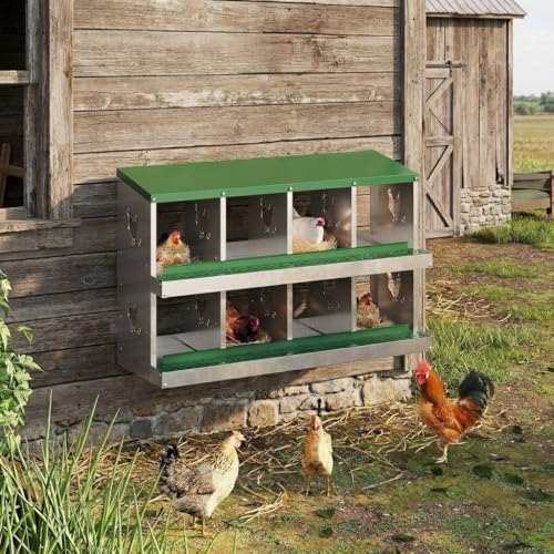 GarveeLife 8 Compartment Chicken Nesting Box, Nesting Boxes for Chickens, Metal Chicken Laying Boxes with Perch, Secure Lid, Versatile Wall Mount or Free Standing for Hens, Green - color: green, size: 8 grids