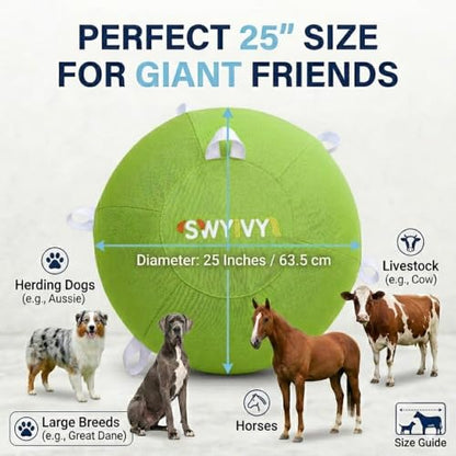 25Inch Herding Ball with Straps and Heavy Duty Cover, Green Dog Toy Ball for Large Breeds, German Shepherd, Pitbull, Horse Toys, Giant Play Ball for Aggressive Chewers