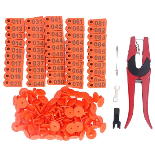 100 Sets Livestock Ear Tag Kit with Numbered Tags and Applicator Pliers for Cattle Horse Pig Sheep Goat, Weather Animal Identification System (Orange Ear Tag with Red Pliers with 2 Ear Tag) - color: Orange Ear Tag with Red Pliers with 2 Ear Tag