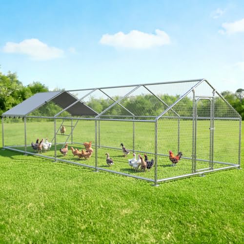 Large Metal Chicken Coop with Roosting Perch, Waterproof and UV Protection Cover, Chicken Run Outdoor Walk-in Cage Chicken Rabbit Duck Hen House for Yard Farm Use Spire Roof (10’ W x 26.2’ L x 6.4’ H) - size: 26x10Ft - Spire