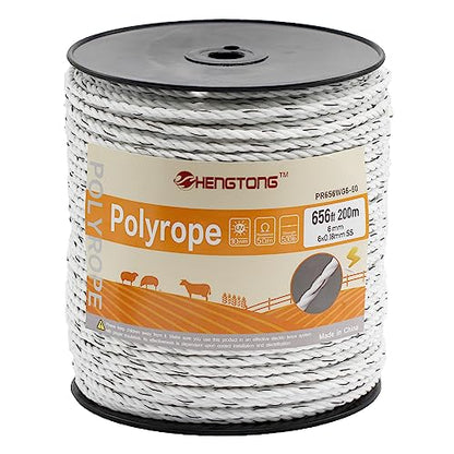 White Electric Fence Poly Rope 1/4 Inch 656ft for Horses | Upgraded portable polyrope, 6×0.18mm stainless steel conductors, safe for large farm animals