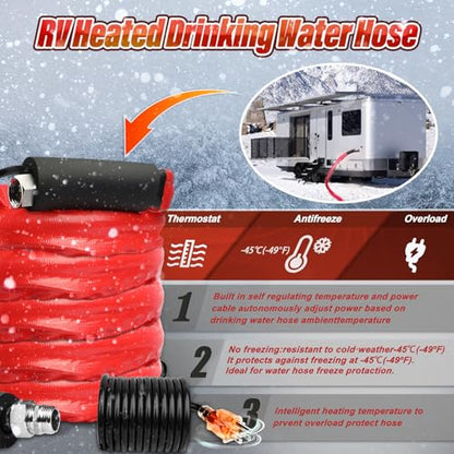 13FT，26FT，50FT RV Heated Drinking Water Hose | Water Line Freeze Protection -45°C（-49°F）Heat Garden Hoses,Water Hose for Winter Includes Adapter for Connection to Either End of Hose - size: 26 FT