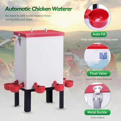 3 Gallon Chicken Waterer,Stainless Steels Automatic Chicken Waterer Feeder with Float Valve,Water Cups, Bottom Bracket and Hose (One End 3/4") Poultry Waterer Dispenser for Quail Duck Goose Turkeys