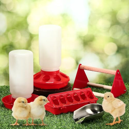 Honeydak 14 Pcs Chick Starter Kit Baby Chick Feeder and Waterer Set – Flip Top Poultry Feeder, 1l Water Dispensers, Perches, Gloves & Metal Feed Shovel for Ducklings, Quails Farming Supplies