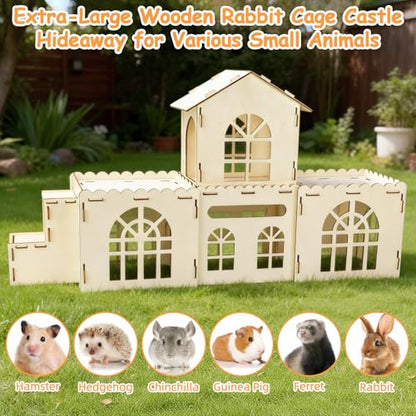 BWOGUE Extra Large Wooden Rabbit Hideout Castle, Detachable Bunny Castle for Rabbits Chinchillas Guinea Pigs, Sturdy Bunny Play House Indoor with Stairs, Small Animal Play Hideaway Hutch - style: 4 House and 1 Ladder