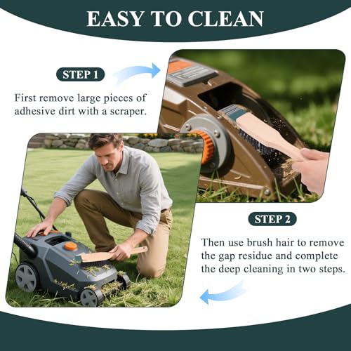 2 Pcs Lawn Mower Stiff Bristle Brush, Heavy Duty Hardstiff Bristle Brush with Scraper Wooden Handles Widely Used for Deck, Machine, Concrete Cleaning
