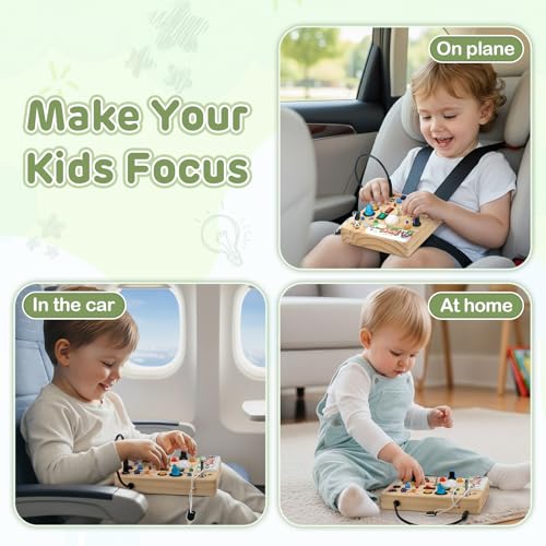 Sanlebi LED Busy Board for Toddlers 1-3,Montessori Toy with Key Switch, Light Up Wood Activity Sensory Board for Fine Motor Skills, Educational Travel Toy Gift for 1 2 3 Year Old Boys Girl