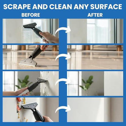 KATARY Razor Blade Floor Scraper, Wall Tile Scraper Tool with Razor Blade with Tool Bag and 3-Piece Cleaning Brush Set - Grout, Concrete and Glue Remover Kit