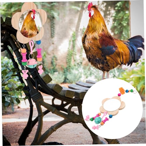 Creative Wooden Chicken Hanging Mirror Toy Bell Interactive Rooster and Hen Plaything for Pet Birds for Coop Enrichment and Entertainment