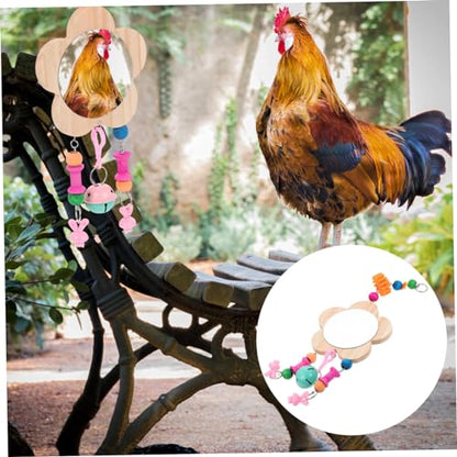 Creative Wooden Chicken Hanging Mirror Toy Bell Interactive Rooster and Hen Plaything for Pet Birds for Coop Enrichment and Entertainment