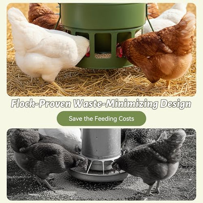 KOL Metal Chicken Feeder - 20lbs No Waste Chicken Feeder with 12 Ports, Powder Coated Rust-Proof Design & Smooth Edges for Safe Feeding (Avocado Green) - color: Avocado Green