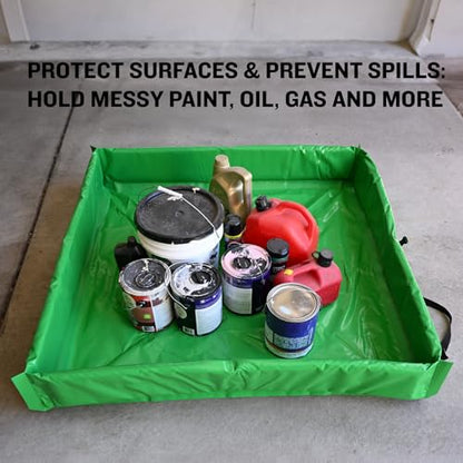 FLASHDRY Portable Spill Containment Berm, Folding Duck Pond 4' x 4', Reusable Oil, Fuel & Chemical Spill Containment Tray, UV-Resistant PVC, Heavy-Duty, Quick & Easy Setup, Garage & Industrial Use - color: Light Green