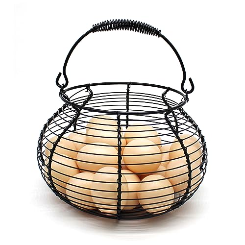 CVHOMEDECO. Elegant Wire Egg Basket with swimming Handle Primitives Vintage Gathering Basket. Black - size: 7-3/4" Dia. x 5" H - Black
