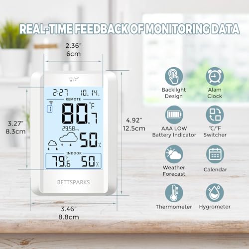 Indoor Outdoor Thermometer Wireless Weather Station with 330FT Range Remove Sensor Inside Outside Digital Hygrometer Thermometer Battery Powered Temperature Gauge Humidity Monitor with Clock&Backlight