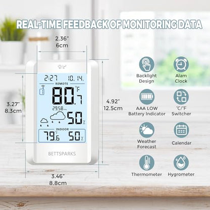Indoor Outdoor Thermometer Wireless Weather Station with 330FT Range Remove Sensor Inside Outside Digital Hygrometer Thermometer Battery Powered Temperature Gauge Humidity Monitor with Clock&Backlight