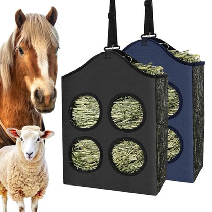 UPINS 2 Pcs Hay Bags for Goats,Hanging Horses Slow Feed Hay Feeder with Metal Ring and Adjustable Strap for Horses Donkeys Cows Alpacas Ostriches or Other Animals