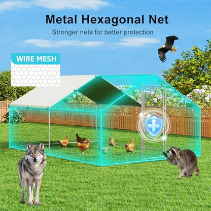 Large Metal Chicken Coop Run with Roosting Perch, 13x9.8x6.4 Outdoor Poultry Cage Pen with Waterproof and UV-Resistant Cover for Chickens Use, Spire Roof - size: 157.0"L x 118.0"W x 78.0"H