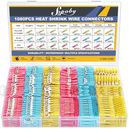 1080PCS Heat Shrink Wire Connectors, Sopoby Marine Grade Electrical Connectors Kit of Tinned Red Copper, Waterproof Crimp Insulated Ring Fork Spade Butt Splice AWG 22-10 - size: 1080 PCS Kit