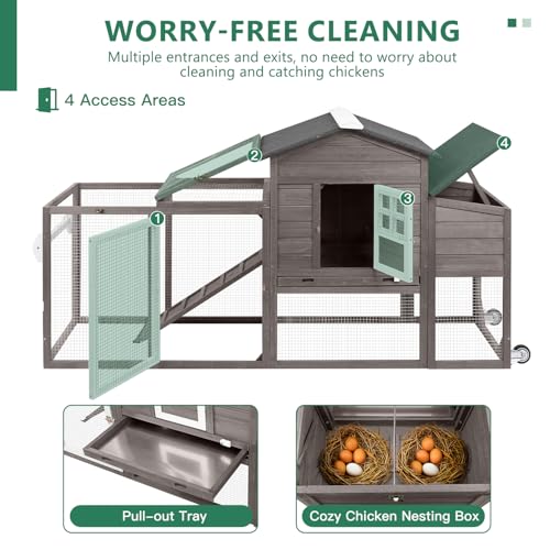 158" L Large Chicken Coop with Run, Mobile Chicken Hen House with Wheels, Nesting Boxes, Outdoor Rabbit Hutch, Poultry Cage for Chickens Ducks Bunny with Removable Tray, Ramp (Grey) - color: 158" L Grey