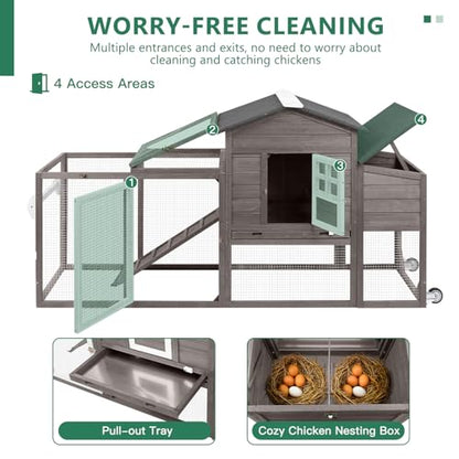 158" L Large Chicken Coop with Run, Mobile Chicken Hen House with Wheels, Nesting Boxes, Outdoor Rabbit Hutch, Poultry Cage for Chickens Ducks Bunny with Removable Tray, Ramp (Grey) - color: 158" L Grey