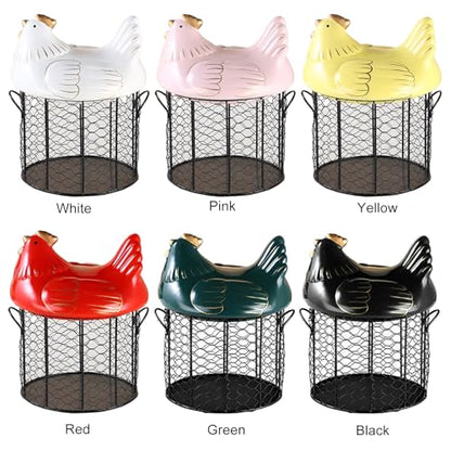 NFNSIG Chicken Egg Basket, Chicken Egg Holder, Black Wire Chicken Egg Collection Baskets with Ceramic Lid and Handle for Gathering Fresh Eggs, Farmhouse Style Egg Storage Container for Kitchen(White) - color: White
