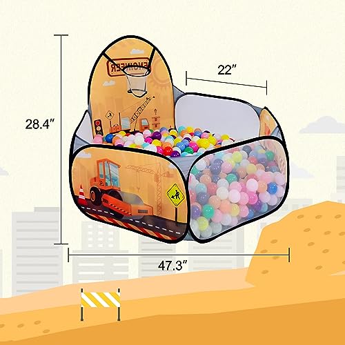 Kids Ball Pit, Pop Up 3+Children Play Tent, Toddler Ball Pool Baby Crawl Playpen with Basketball Hoop, Portable Toys for Girls Boys, 4 ft / 120 cm, Balls Not Included, Engineering Car - style: Engineering Car