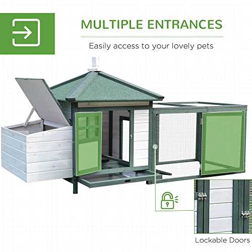 PawHut 77" Wooden Chicken Coop with Nesting Box, Cute Outdoor Hen House with Removable Tray, Ramp Run, for Garden Backyard, Green - color: Green