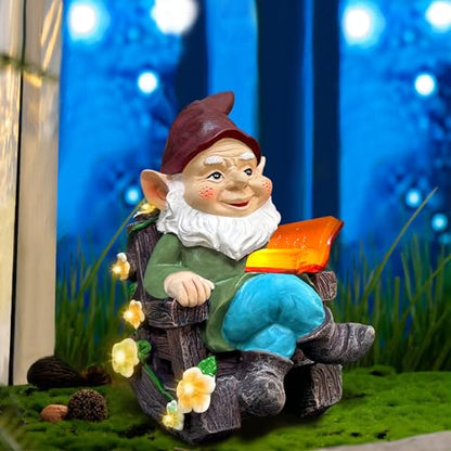 Solar Garden Gnome Statues Outdoor, Fairy Rocking Chair Gnomes Reading Book Succulents Figurines Lights Yard Art Sculpture Home Decor for Outside Patio Balcony Lawn, Unique Loved One Gifts for Mom - style: rocking chair gnome
