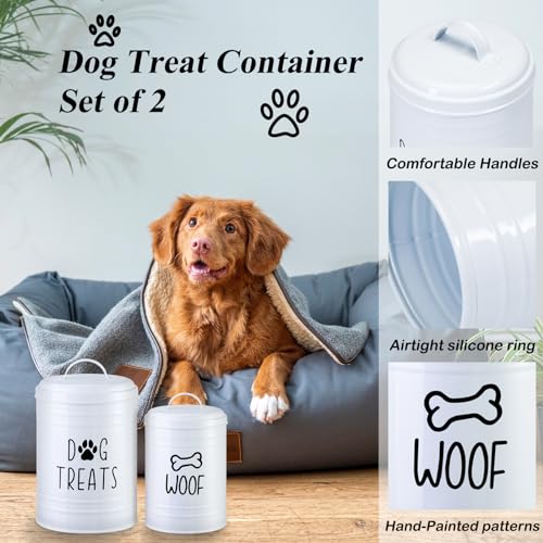 Dog Treat Container Airtight, Dog Treat Jar Set of 2 with Lid - 9x5.5''&7x4'' Metal Dog Cookie Jar for Farmhouse Kitchen Counter, White Pet Treat Container, Dog Treat Storage Container for Dogs, Cats - color: Circle-White