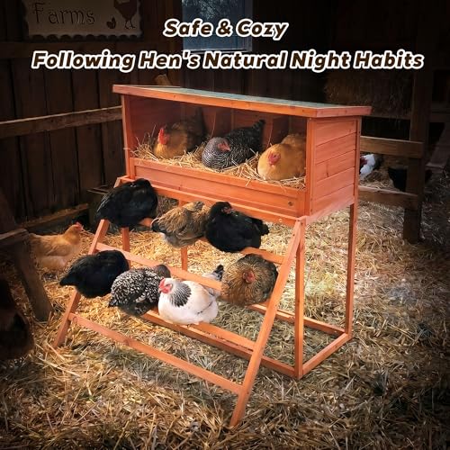 Wooden Chicken Nesting Box with 3 Compartments, 3-in-1 Chicken Coop Box with Swing Ladder & Perch, Asphalt Roof Laying Box for Hens, Ducks & Poultry