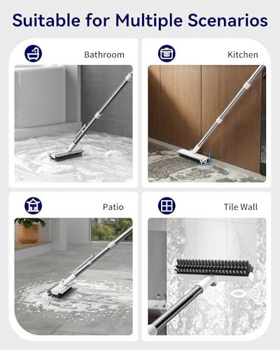 Small Floor Scrub Brush with Length Adjustable Long Handle, 3 in 1 Heavy-Duty Stiff Bristle Scrubber Brush with Squeegee and Tweezer Push Broom for Cleaning Bathroom, Patio, Garage and Kitchen - color: White