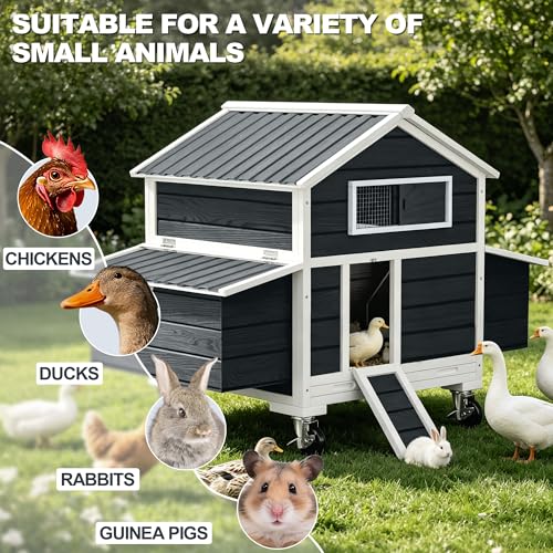 Chicken Coop on Wheels, Large Mobile Wooden Hen House for 4-6 Chickens, Outdoor Poultry Cage with Nesting Box, Chicken House for Outside Farm Backyard - size: 60.2"L x 35.4"W x 57.8"H
