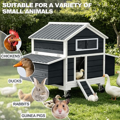 Chicken Coop on Wheels, Large Mobile Wooden Hen House for 4-6 Chickens, Outdoor Poultry Cage with Nesting Box, Chicken House for Outside Farm Backyard - size: 60.2"L x 35.4"W x 57.8"H