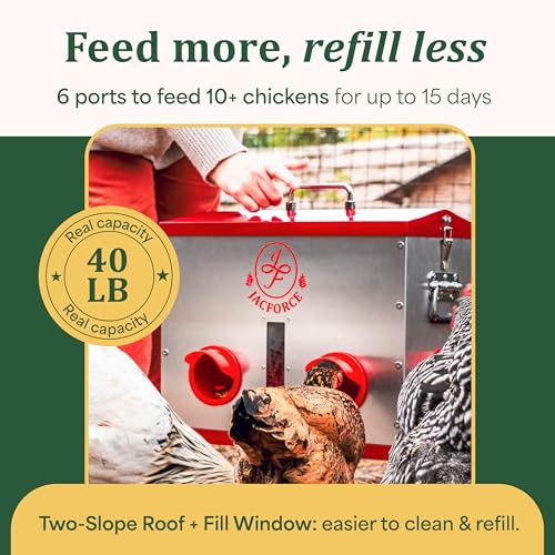 Automatic Chicken Feeder 40lb – Large Metal Poultry Feeder with 6 Ports, Galvanized No Waste Feeder with Secure Lid & Feed Window for Outdoor Coop