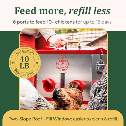 Automatic Chicken Feeder 40lb – Large Metal Poultry Feeder with 6 Ports, Galvanized No Waste Feeder with Secure Lid & Feed Window for Outdoor Coop
