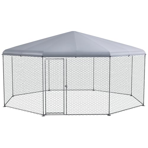 PawHut Large Chicken Coop Metal Chicken Run for Chickens with Waterproof and Anti-UV Cover, Polygon Shaped Walk in Fence Cage Hen House for Outdoor and Yard Farm Use, 1" Dia, 17.1' x 15.7' x 9'