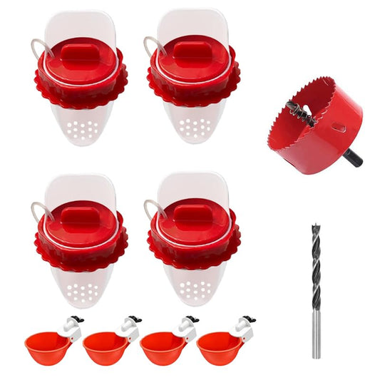 Chicken Feeder & Waterer Combo Kit – 8 Pack Total (4 Automatic Feeder Cups + 4 Waterer Dishes) for Buckets & Bins, No Waste Rainproof DIY System for Hens, Ducks & Other Poultry