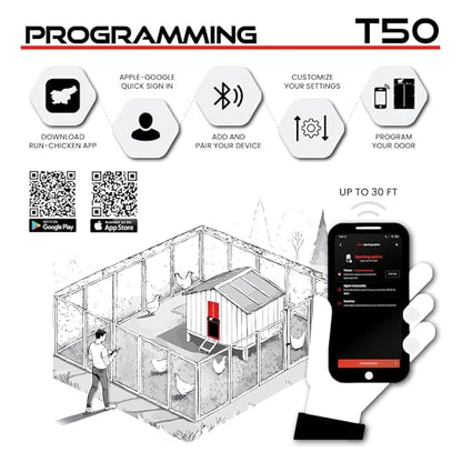Run-Chicken Door T50 – Automatic Chicken Coop Door Opener, Battery Powered & Weatherproof Aluminum, Smart App & Timer Control, Predator Proof, Easy Install, Reliable All-Season Performance (Red)