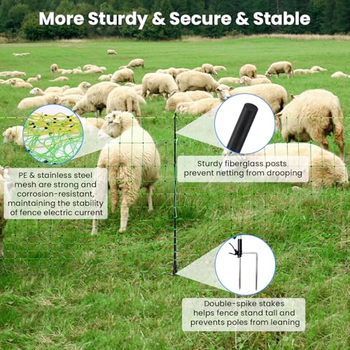 Electric Fence Netting, 42.5" H x 164'L, Electric Netting Fence for Cattle, Sheep, Goat, Hogs, Pre-Assembled, 14 Posts Double Spiked, Portable Livestock Nets Used in Backyards, Farms and Ranches
