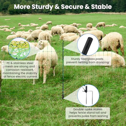 Electric Fence Netting, 42.5" H x 164'L, Electric Netting Fence for Cattle, Sheep, Goat, Hogs, Pre-Assembled, 14 Posts Double Spiked, Portable Livestock Nets Used in Backyards, Farms and Ranches