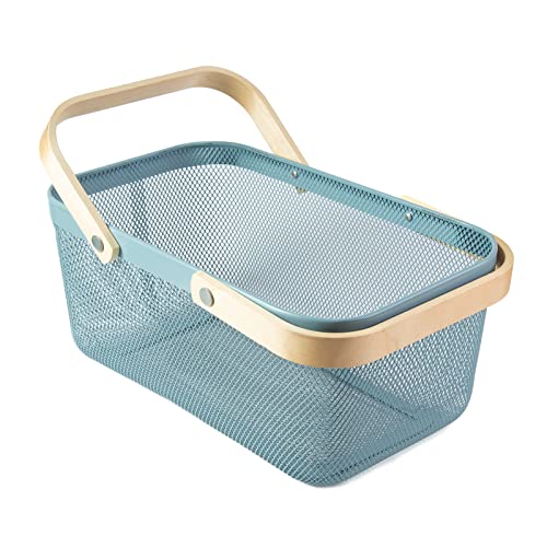 Portable Garden Harvest Basket-Mesh Design Natural Bamboo Handle Wire Storage Baskets,Mesh Basket with Handle Organize Items Reduce Space Occupation,Suitable for Kitchen,Garden,Picnic(Blue) - color: Blue