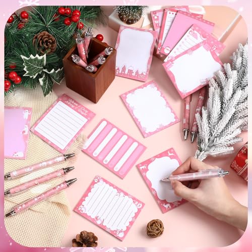 Dispowreath 24 Pcs Pink Christmas Sticky Notes with Pens Holiday Gifts Self Adhesive Notepad Cute Memo Notes Pads Black Ink Ballpoint Pen for Office School Students Teacher Supplies - style: Pink Xmas