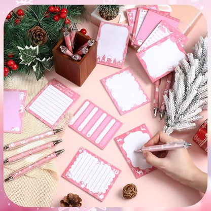 Dispowreath 24 Pcs Pink Christmas Sticky Notes with Pens Holiday Gifts Self Adhesive Notepad Cute Memo Notes Pads Black Ink Ballpoint Pen for Office School Students Teacher Supplies - style: Pink Xmas