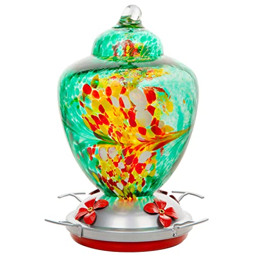 REZIPO Hummingbird Feeder with Perch - Hand Blown Glass - 38 Fluid Ounces Hummingbird Nectar Capacity Include Hanging Wires and Moat Hook (Green) - color: Green