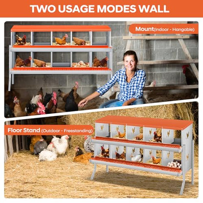 GarveeLife Chicken Nesting Box, 10 Compartments Nesting Box for Chickens, Two-Tier Galvanized Steel Chicken Egg Laying Box with Large Vented Holes Wall Mounting for Easy Egg Collection - color: Orange | 10 Compartments