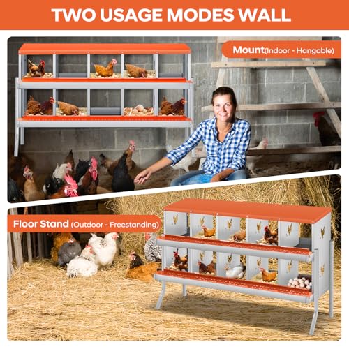 GarveeLife Chicken Nesting Box, 10 Compartments Nesting Box for Chickens, Two-Tier Galvanized Steel Chicken Egg Laying Box with Large Vented Holes Wall Mounting for Easy Egg Collection - color: Orange | 10 Compartments