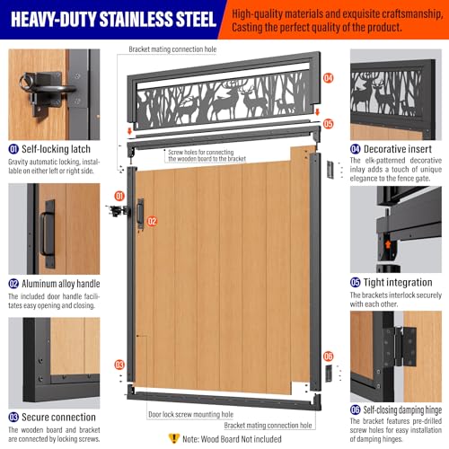 4x6FT (46.78"W X 70.8"H) 201 Stainless Steel Anti Sag Wooden Fence Gate Kit Heavy Duty Garden Gate Frame Hardware Kit Reinforcement (Left/Right Free-Installation) - size: W4xH6 FT-Deer