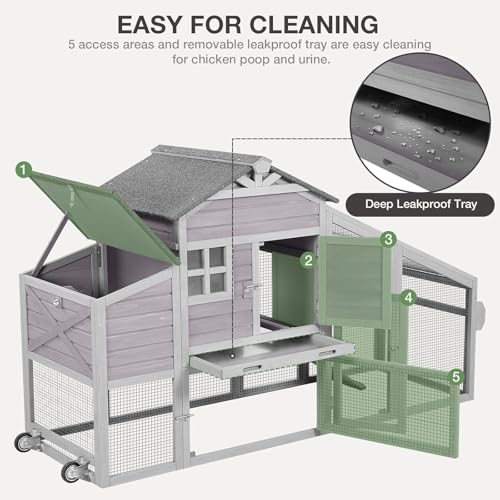 Chicken Coop with Wheels Wooden Outdoor Chicken House Easy Cleaning with Nesting Box, Deeper Leakproof Pull-Out Tray and UV Proof Panel Roof - Reinforced Version